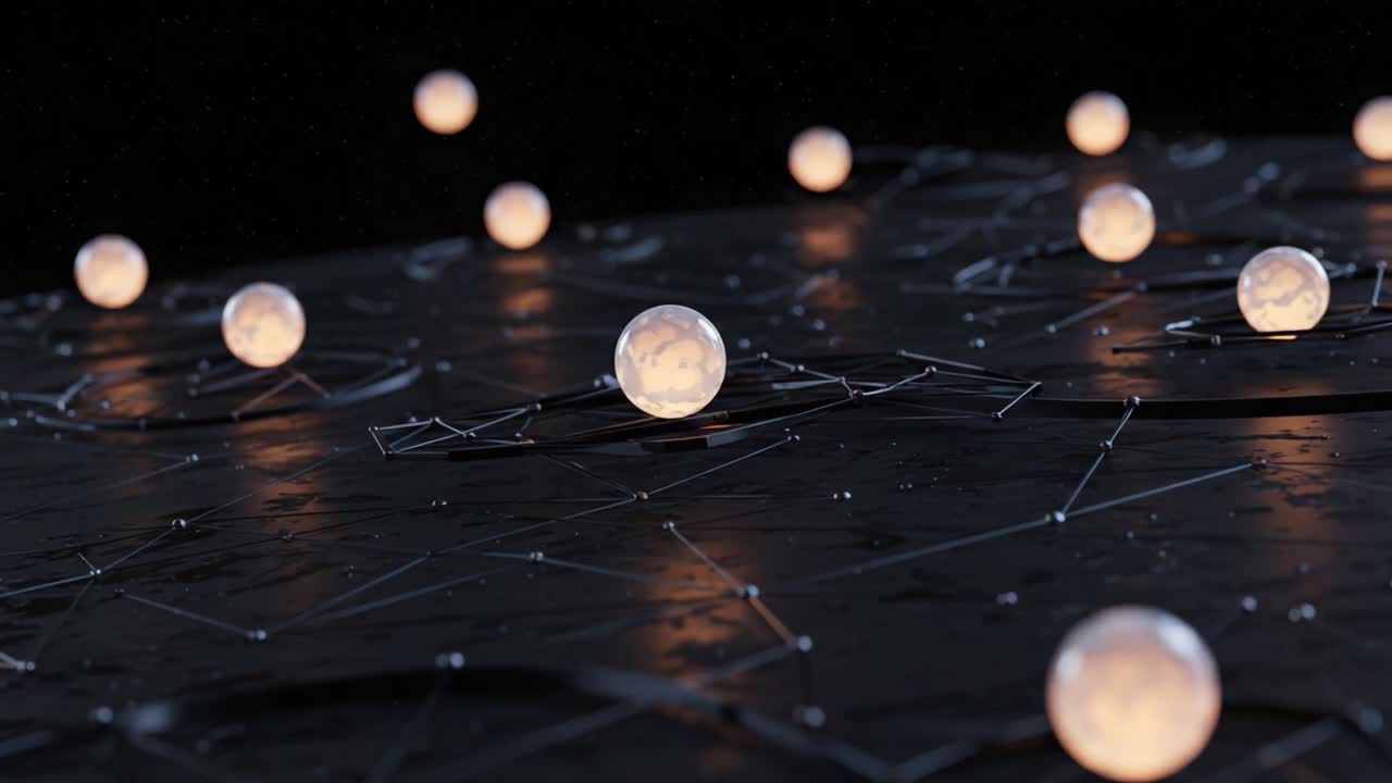 A Surreal Journey Through a Cosmic Network of Glowing Spheres, Interconnected in a Dark Expansive Space, Radiating Ethereal Light as They Hover Above a Mysterious Surface