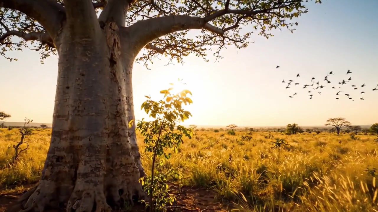 Maestoso albero di baobab nel paesaggio dorato: una transizione mozzafiato dalla luce del giorno al bagliore serale catturata in due incantevoli cornici.