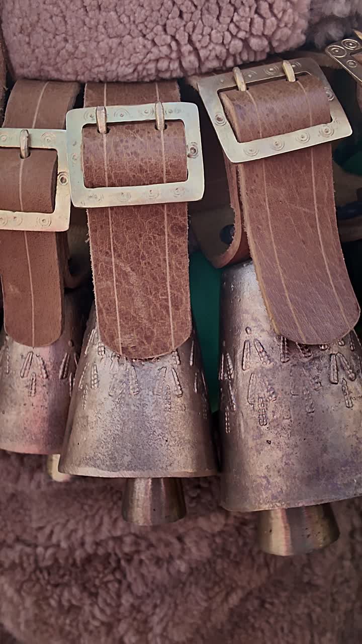 Primo piano di campanacci di metallo fissati con cinghie di cuoio al costume Kukeri durante un festival del folklore bulgaro. Utile per documentari culturali, servizi sulle tradizioni e media di viaggio
