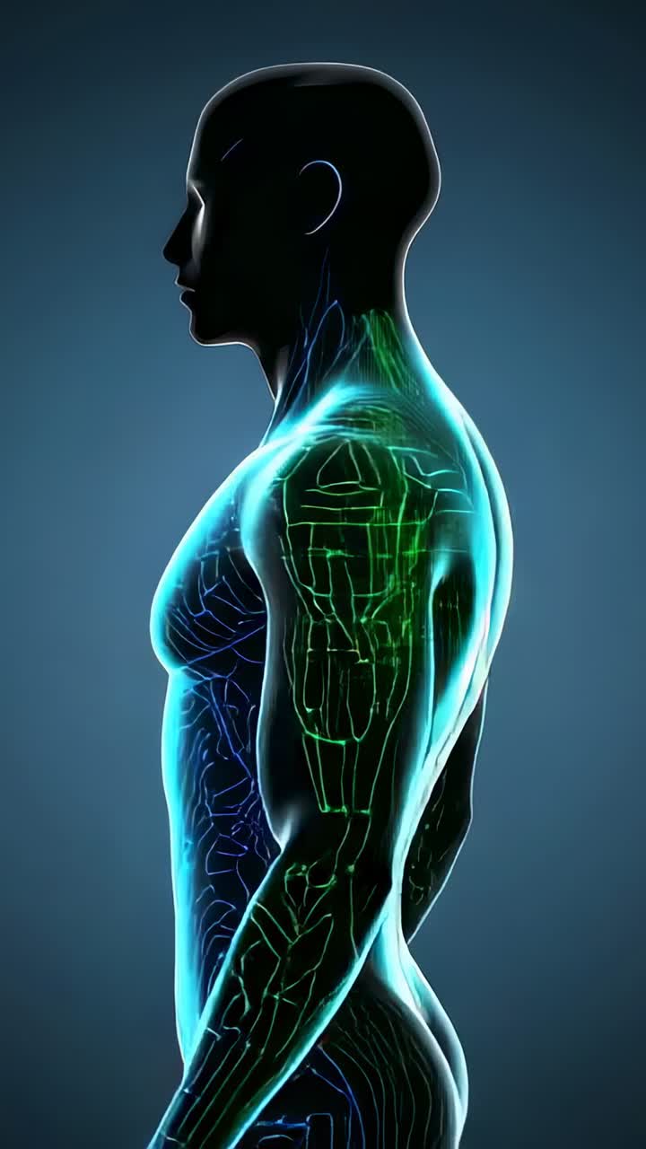 Modello anatomico maschile che ruota, illuminando percorsi neurali e colonna vertebrale per uno studio medico