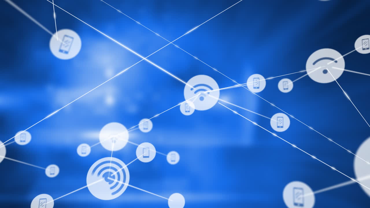 Animation of network of connections with wifi icons over blue background