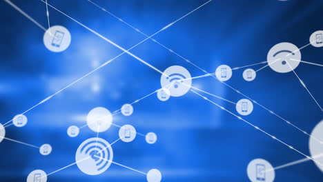 animación de la red de conexiones con iconos wifi sobre fondo azul