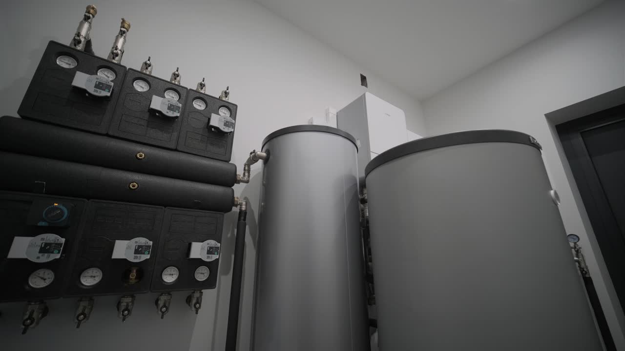 interior de la sala de calderas de la casa con sistema moderno de calefacción de agua