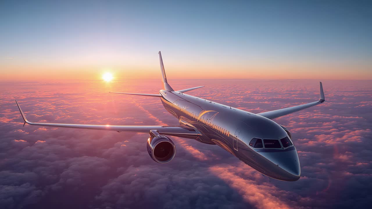 Jet bimotore in volo sopra le nuvole, che mostra i motori, le alette e i riflessi del sole