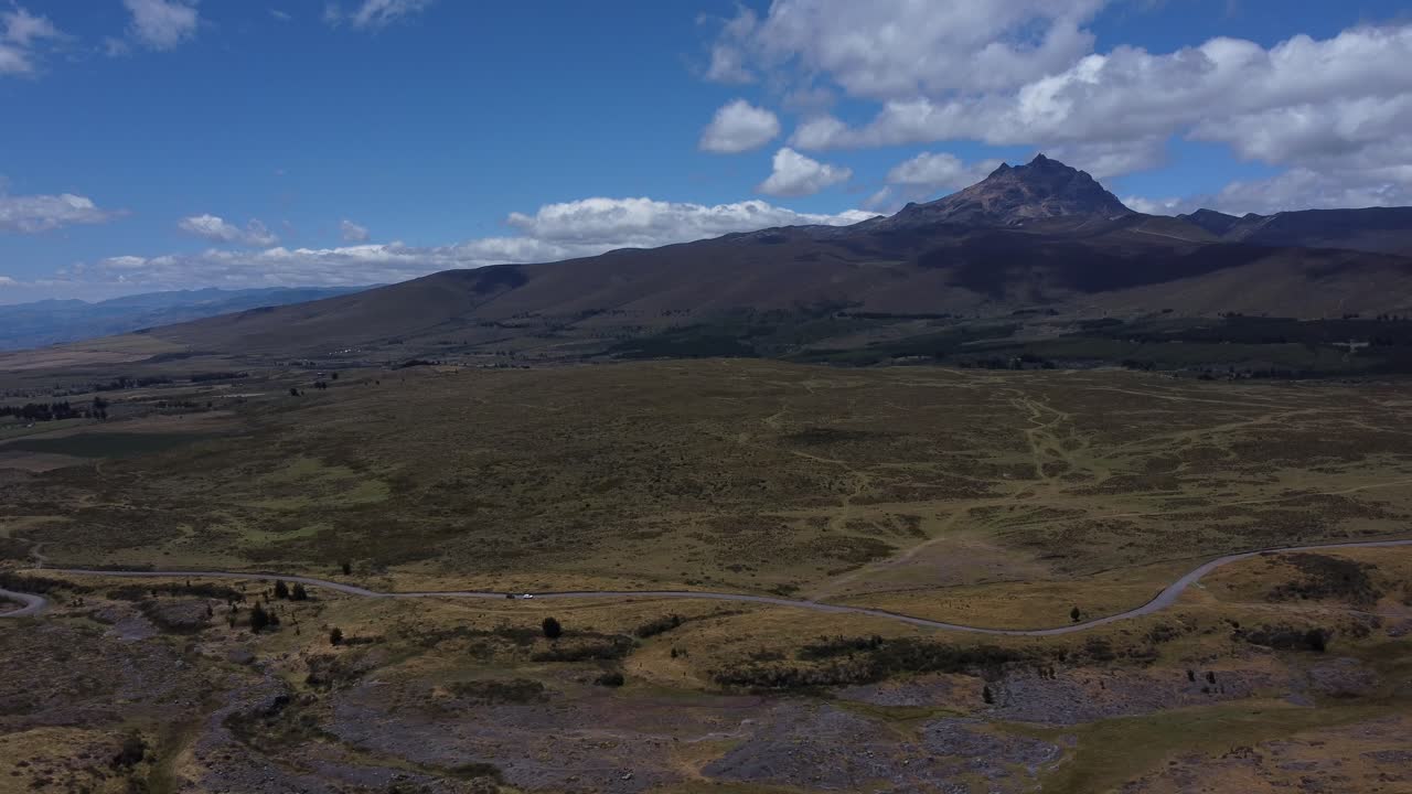 Experience the magic of Ecuador's p&aacute;ramos in this 4K drone video, drawing nearer to the captivating Sincholagua Volcano, its towering beauty set against a backdrop of serene highland landscapes