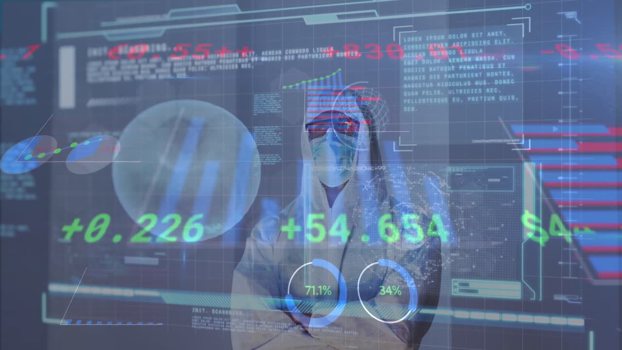 interfaz digital con vasos sanguíneos y procesamiento de datos contra el trabajador de la salud con ropa protectora