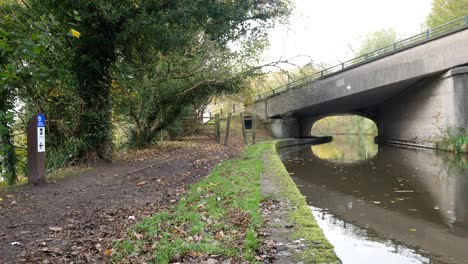 Picturesque-British-canal-flowing-under-concrete-bridge-in-relaxing-autumn-landscape-dolly-right