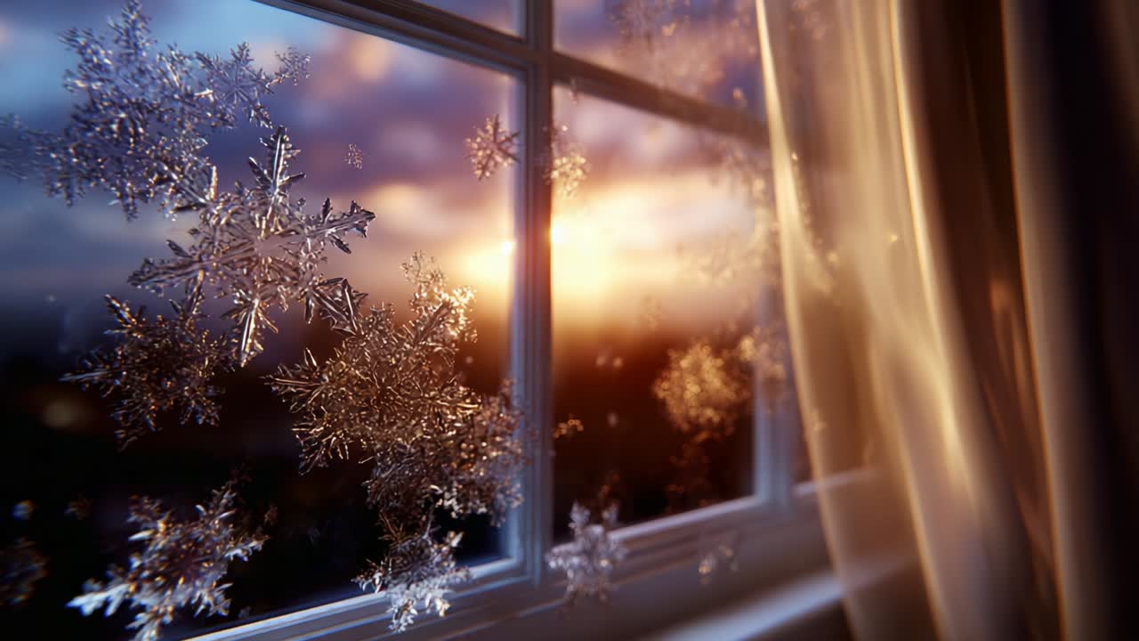 A Winter Sunset Glorious View: Captivating Snowflakes Framing a Beautiful Evening Landscape as the Sun Sets Behind a Scenic Horizon, Creating a Magical Atmosphere of Frosty Elegance and Tranquility