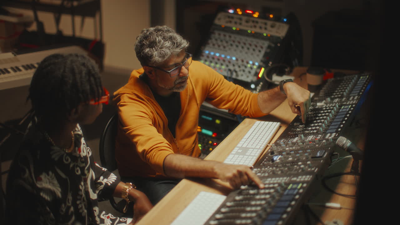Sound Engineer Explaining Audio Production Details to Musician in Studio