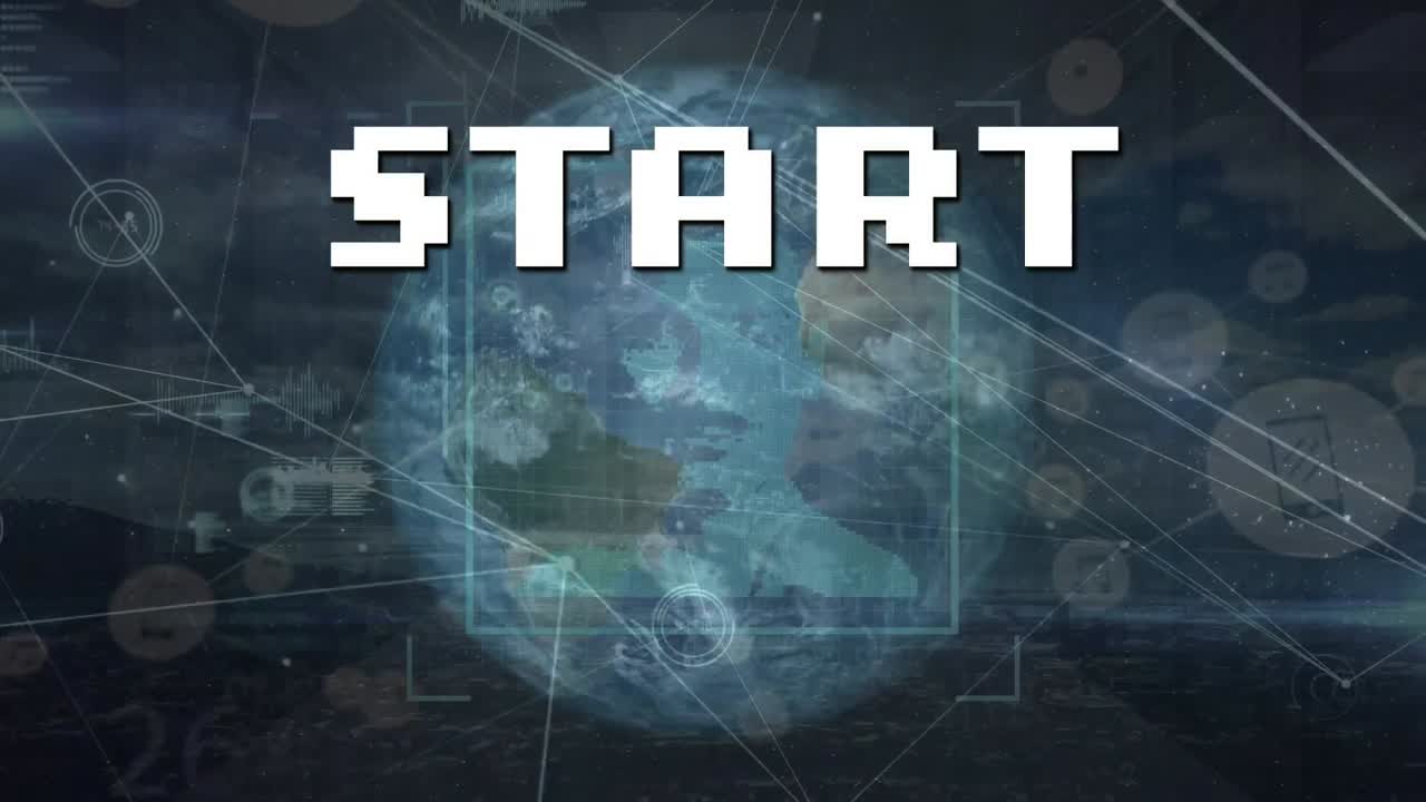 animación del texto de inicio, gráficos, ondas sonoras, destello de la lente y líneas conectadas en todo el mundo.