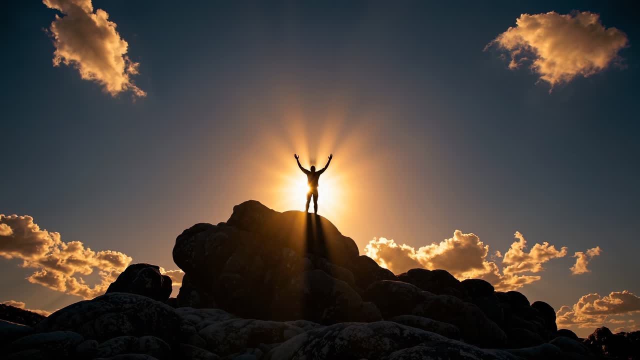 Silhouette of a person on a rocky peak at sunset, arms raised