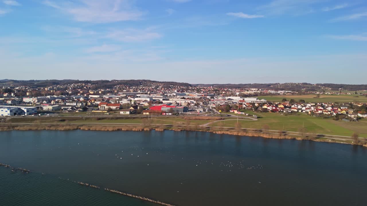 Ptuj, Slowenien und der umliegende See Ptujsko Jezero sind von oben sichtbar und zeigen städtische und vorstädtische Gebiete, Uferpromenaden, Feuchtgebiete, Ackerland und Wiesen unter klarem Himmel in einer orbitalen Drohnenansicht