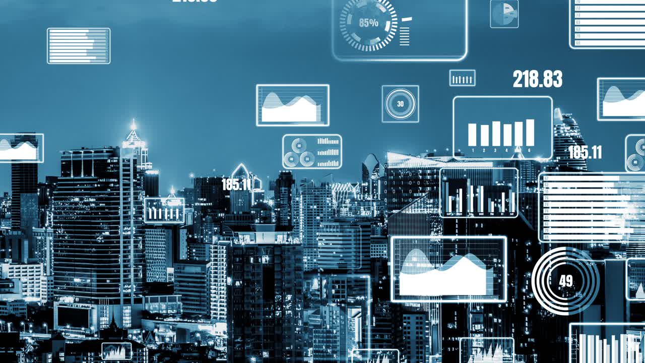 Business data analytic interface fly over smart city showing alteration future