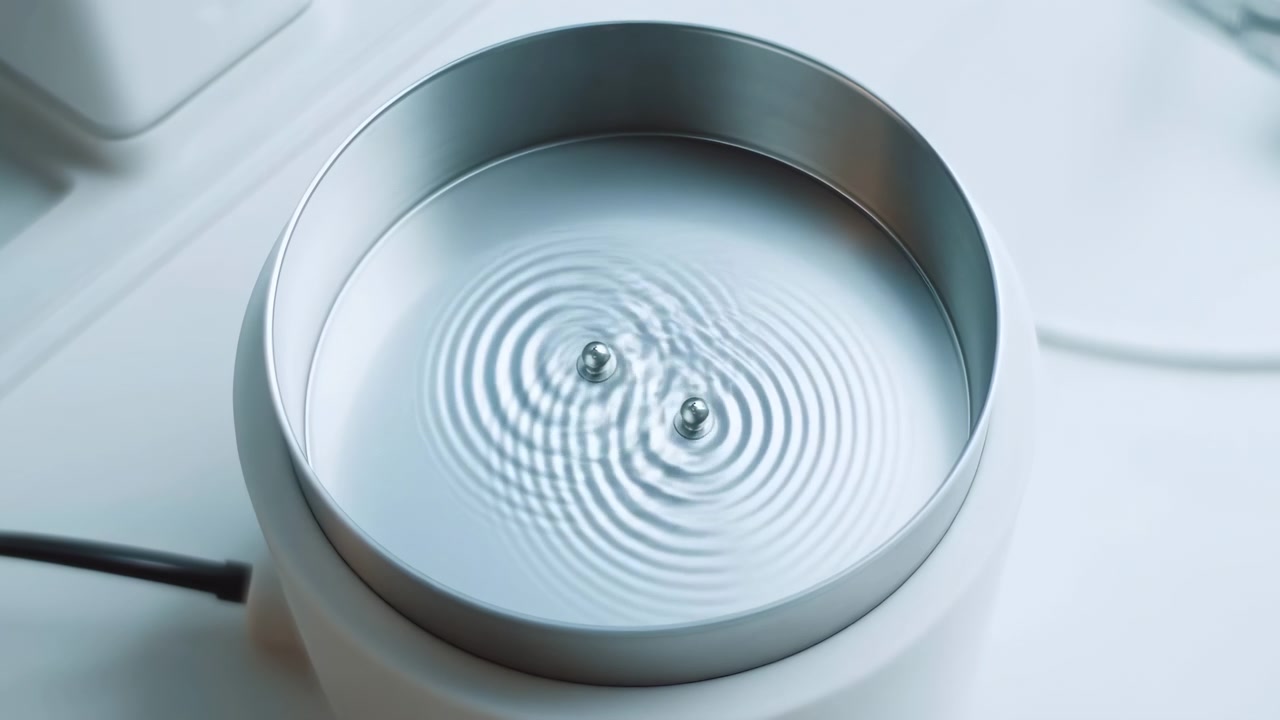 Close-up motion of circular recessed disk with concentric waves spreading between two small upright metal posts, showing smooth vibration on clean industrial surface with soft studio light