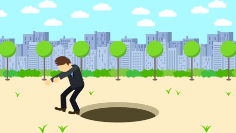 business man fall into the hole. background of town. risk concept. loop illustration in flat style.