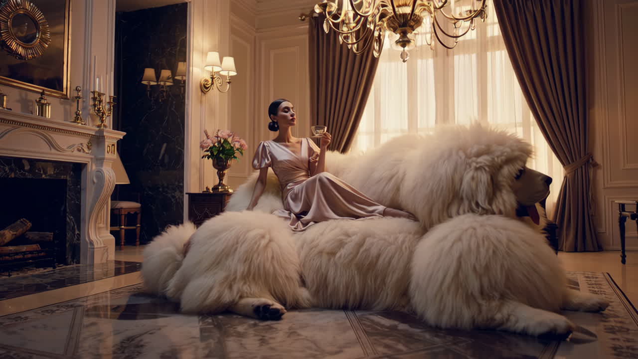 Woman in a Luxurious Interior with a Giant Dog Sofa