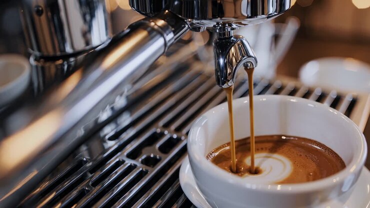 Close-up of espresso machine pouring coffee into a white cup