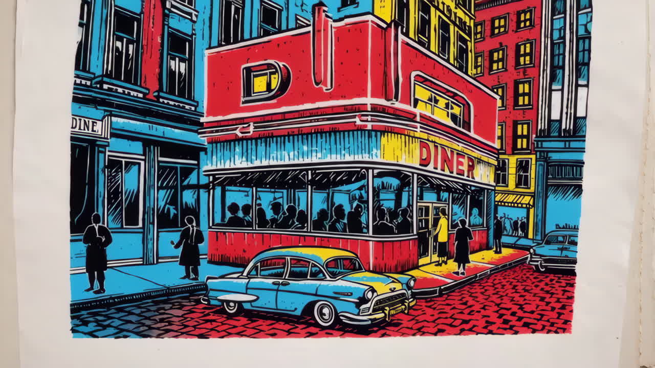 Vibrant Pop Art Illustration of a Diner Street Scene with a Classic Car