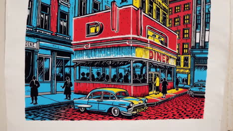 vibrant pop art illustration of a diner street scene with a classic car