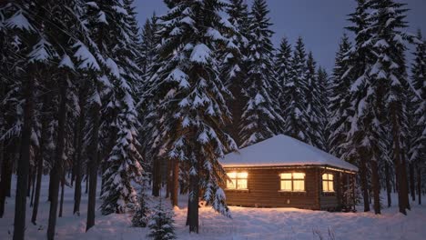 snowy cabin in the woods at night