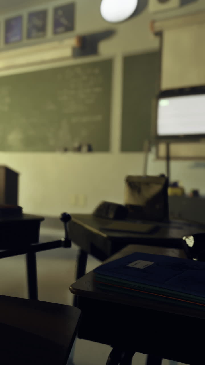 Old classroom features desks a blackboard and a vintage television on a stand