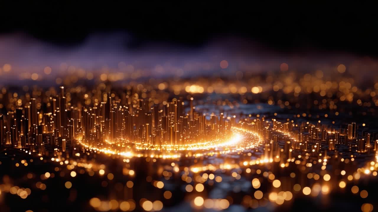 Paesaggio urbano illuminato di notte: una vista mozzafiato di luci scintillanti e strutture imponenti che creano un paesaggio urbano affascinante in un'atmosfera buia