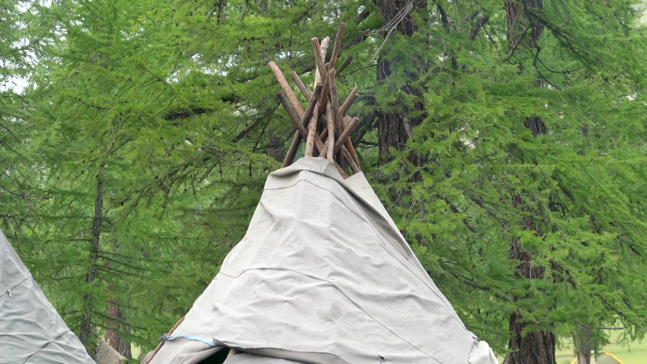 Fumaça Subindo de um Tipi Tradicional em uma Floresta