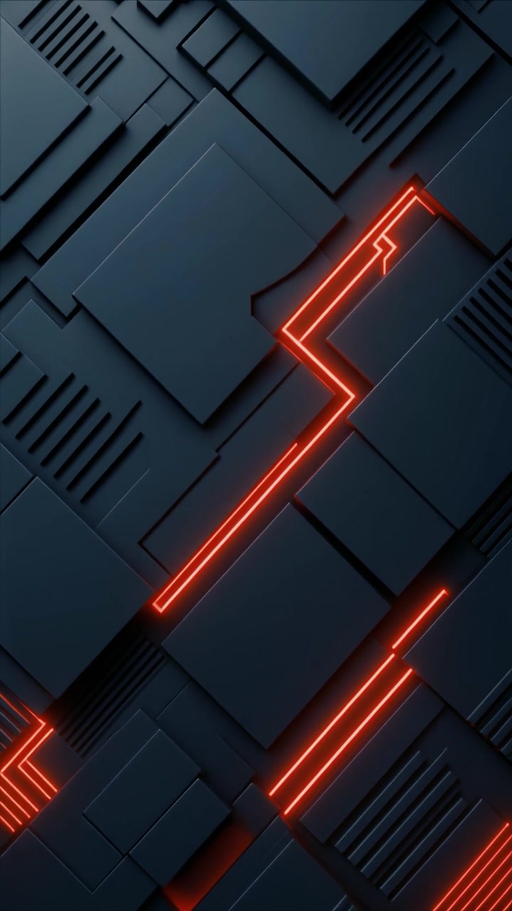 Abstract Futuristic Technology Background with Moving Red Neon Lines and Geometric Shapes