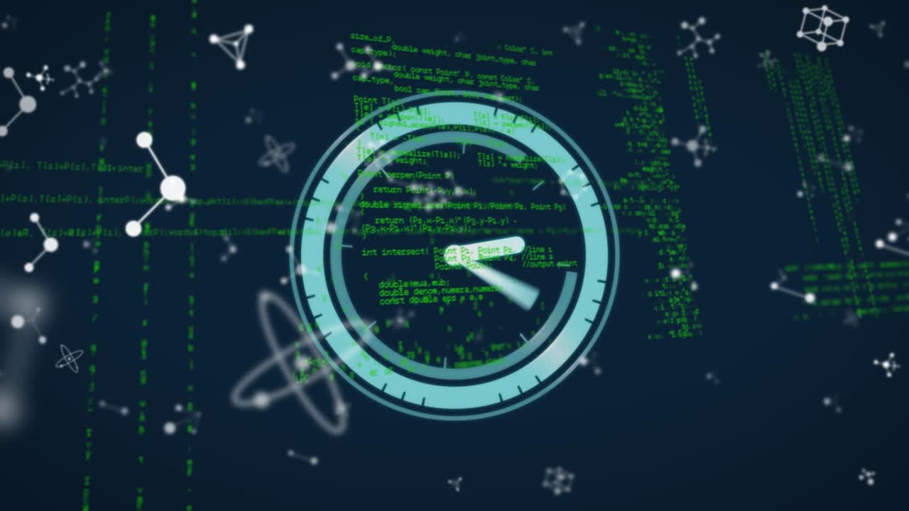 Animation of clock moving over data processing on blue background