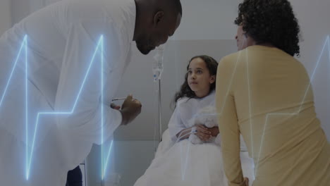animation of data processing over african american male doctor with girl patient