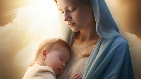 mother wearing a blue and white veil holding her sleeping baby, a golden light surrounding them and clouds in the background, creating a peaceful and loving atmosphere