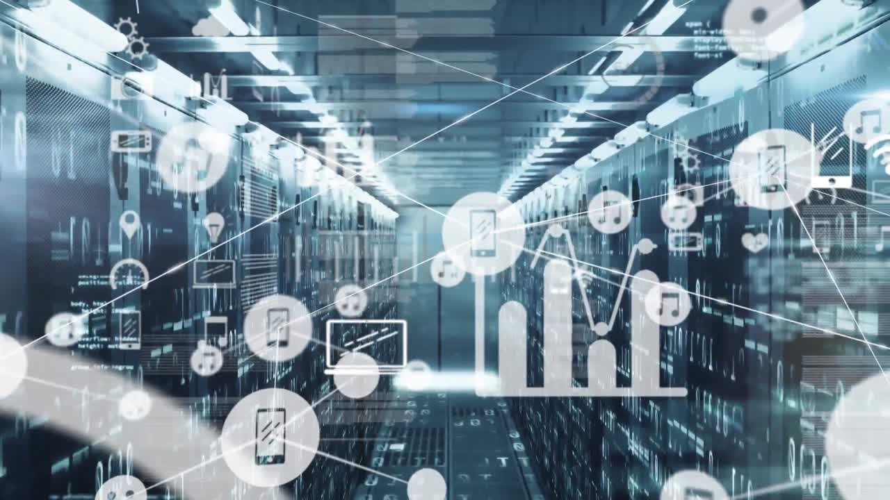 Animation of network of digital icons, mosaic squares and data processing against server room