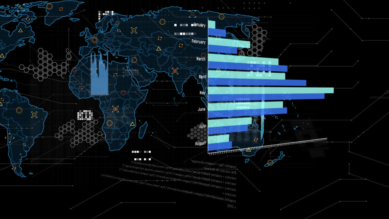 Animation of financial graphs, data and world map on black background