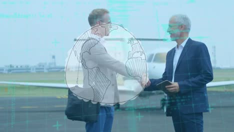 Spinning-globe-and-data-processing-over-two-caucasian-businessmen-shaking-hands-at-airport-runway