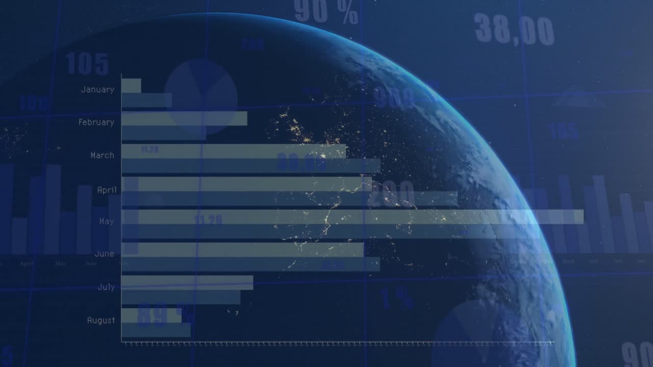 Animation of data processing over globe on blue background