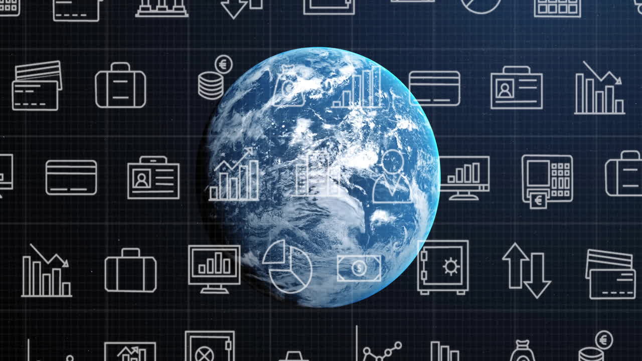 animación de iconos comerciales y procesamiento de datos digitales en todo el mundo sobre un fondo oscuro