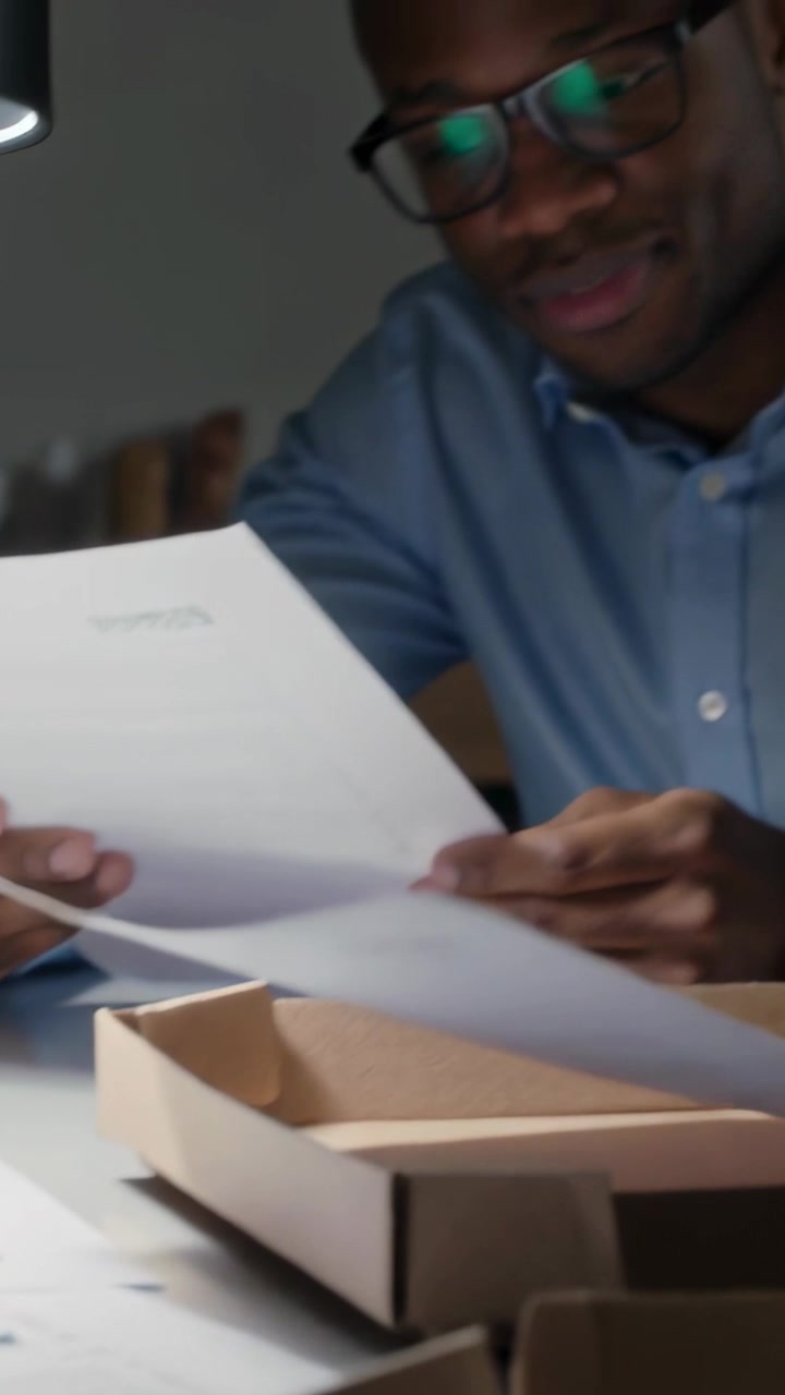 Vertical video: Reaching open pizza box causing man sorting docs and eating at desk in blue shirt