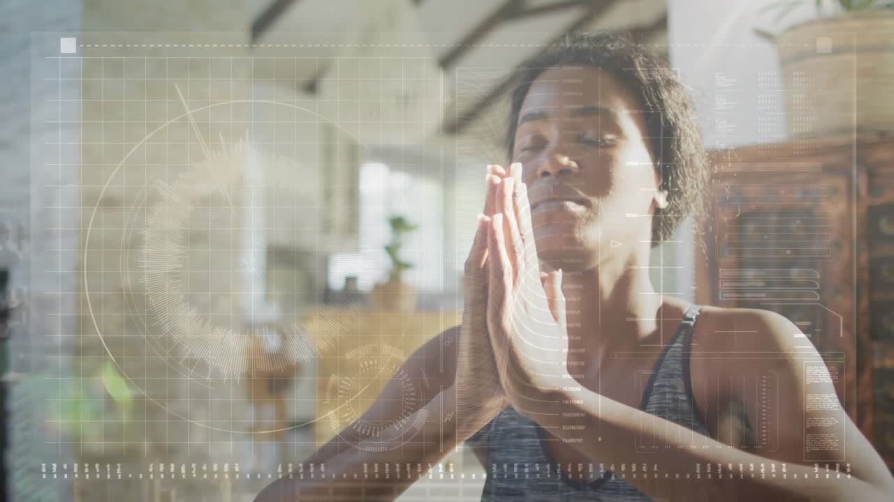 Woman doing yoga starting inhale and lowering palms to chest for calming HUD showing breath data