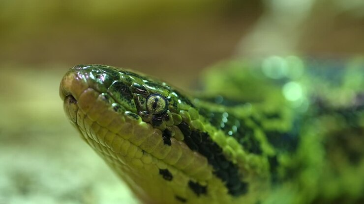 yellow anaconda snake flicking its tongue while looking at you