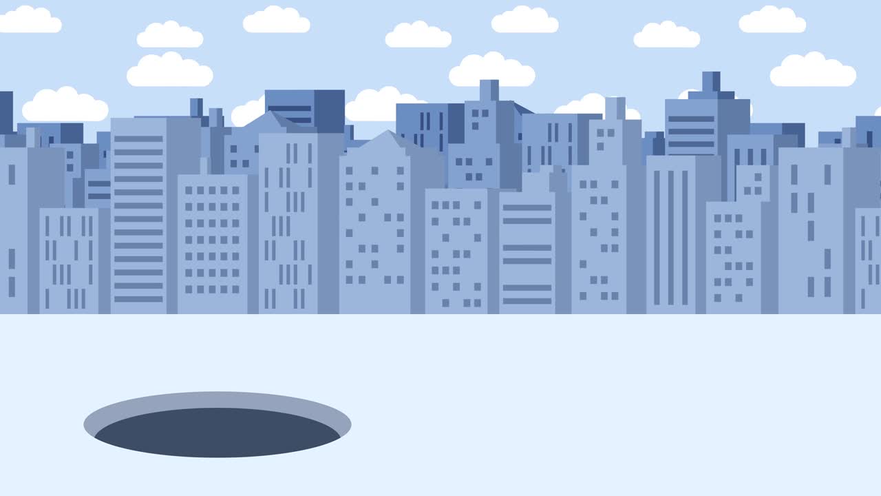 Business man fall into the hole. Background of buildings. Risk concept. Loop illustration in flat style.