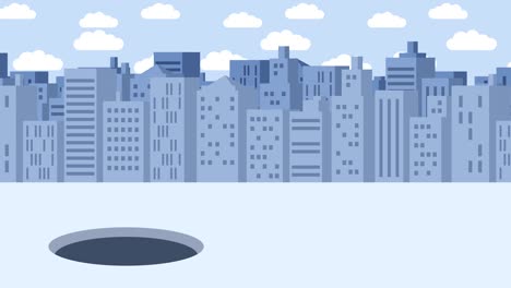 business man fall into the hole. background of buildings. risk concept. loop illustration in flat style.