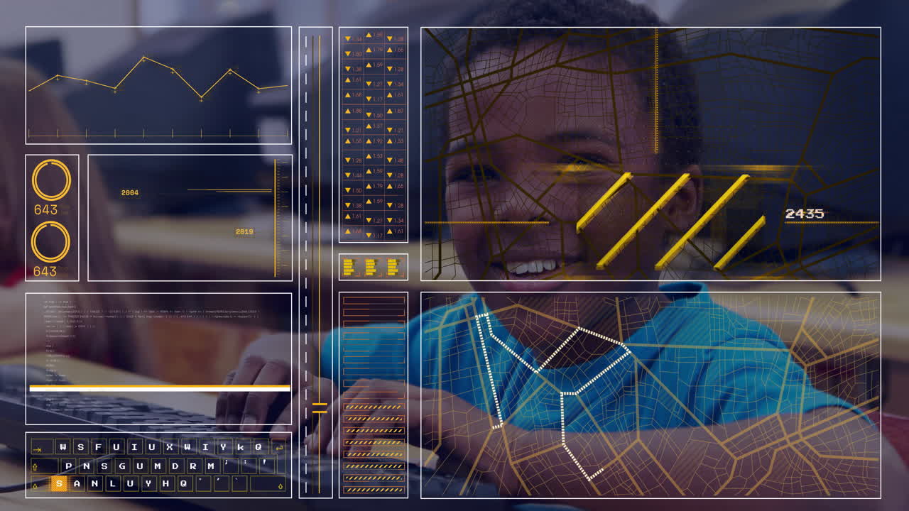 School-age girl and boy working at laptop, interacting with education charts and map grid overlays