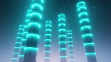 skyscrapers with neon lights in sparkling starry night. 3d animation render