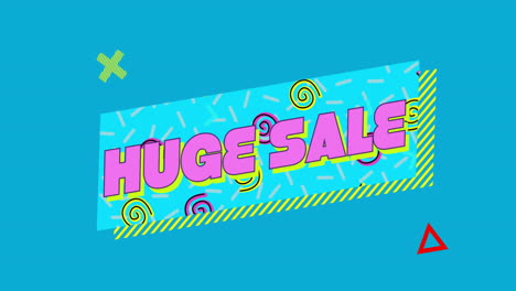 huge sales text animation over colorful geometric shapes on blue background