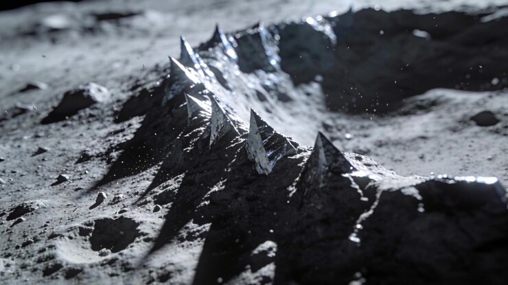 Moving camera revealing serrated ridge and farther spires on regolith plain, showing drifting dust