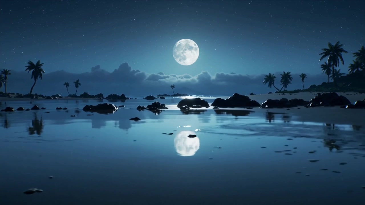 Fotocamera che zooma verso una luna piena centrata sulla riva della spiaggia, rivelando il riflesso della luna su rocce bagnate