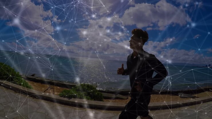 Animation of network of connections over fit caucasian man jogging at sea