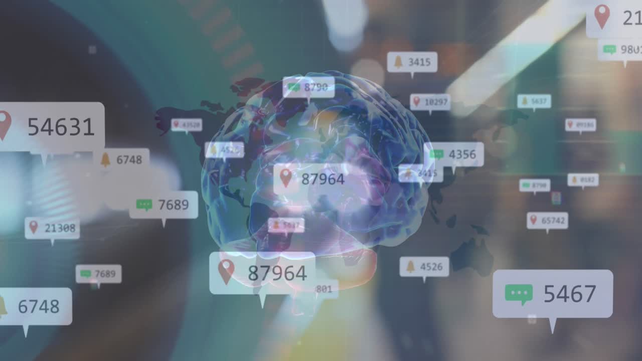 역에 도착하는 열차에 대항하여 회전하는 인간 뇌 아이콘 위에 소셜 미디어 아이콘의 애니메이션