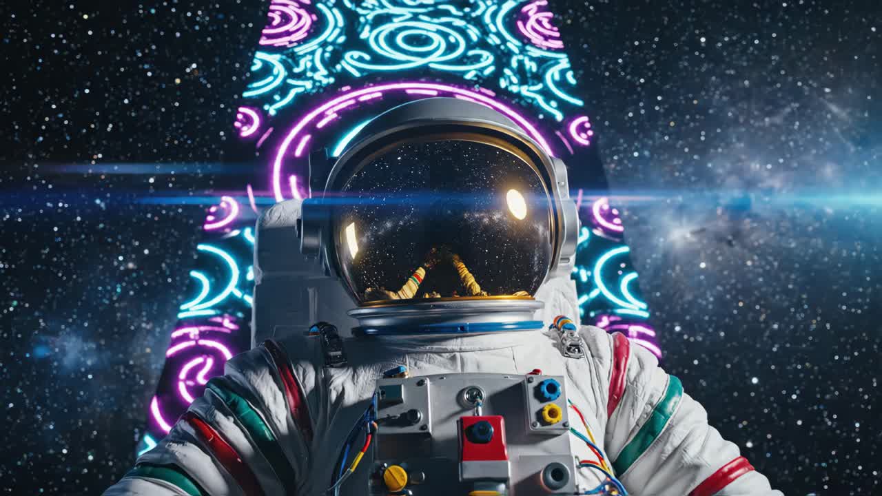 Astronaut i rummet med neonkunst