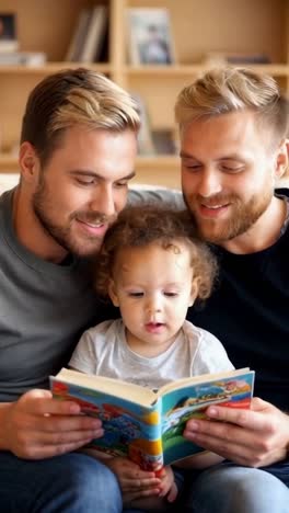 a gay couple sitting on a sofa with their son, are lovingly reading a storybook to their child.